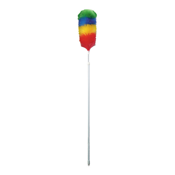 A white pole with a blue top with colorful feathers on a Carlisle wool duster.
