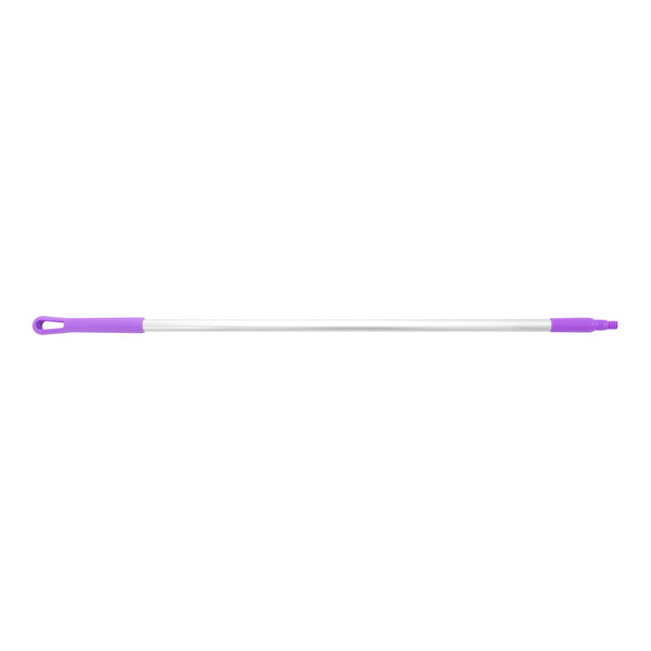 A purple and silver threaded aluminum broom/squeegee handle.