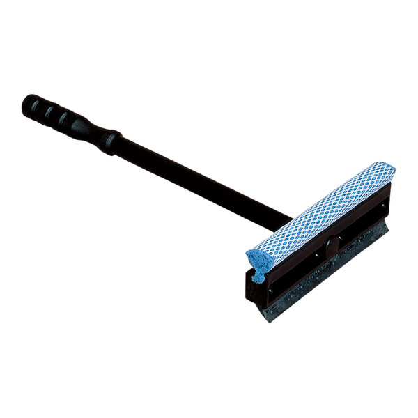 A blue and white Carlisle window cleaning tool with a squeegee and handle.