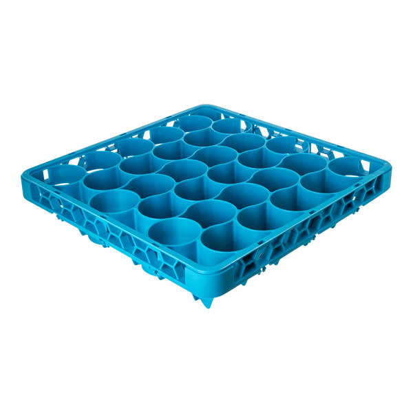 A blue plastic tray with holes for glasses.