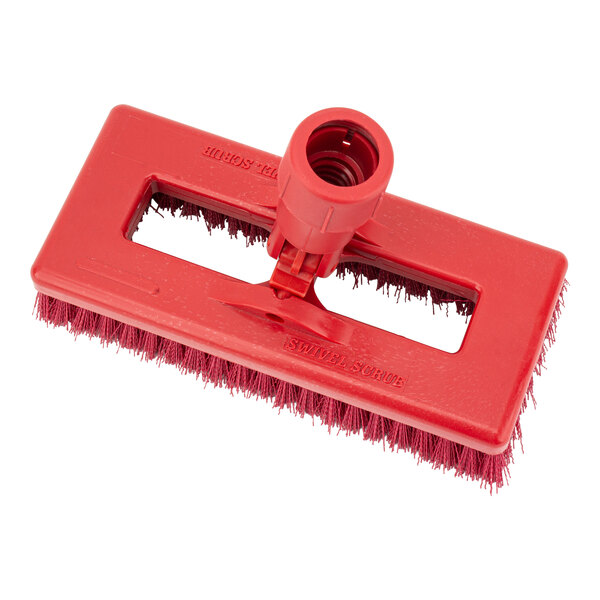 A red Carlisle Sparta swivel scrub brush with a handle.