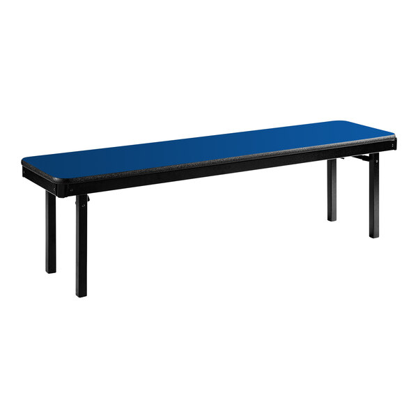 A Persian blue National Public Seating folding bench with black T-molded edges.