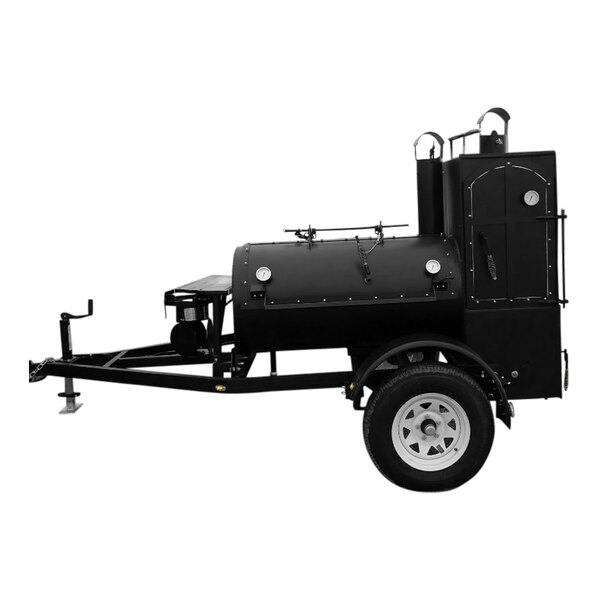 A black Cajun Custom Cookers MG-48 Mardi Gras smoker grill on a trailer.
