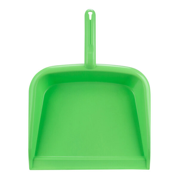 A green plastic dust pan with a handle.