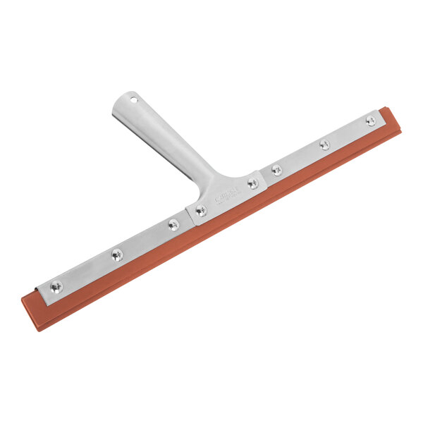 A Carlisle window squeegee with a brown handle and double rubber blades.