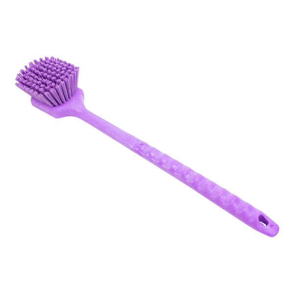 A purple Carlisle Sparta pot scrub brush with a long handle.