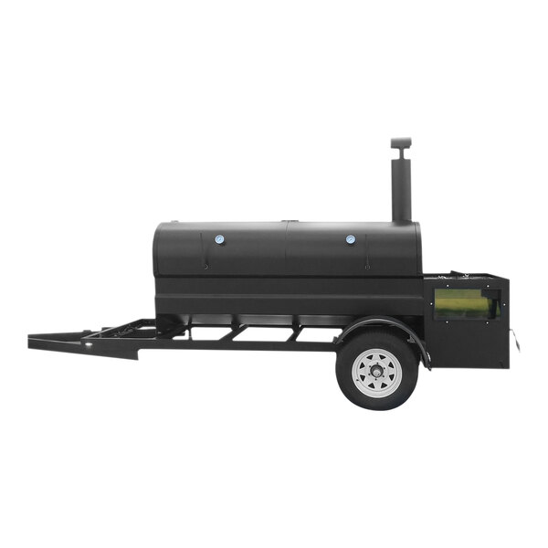A black barbecue grill on a black trailer with wheels.