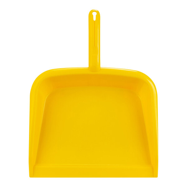 A yellow plastic dustpan with a handle and a square edge.