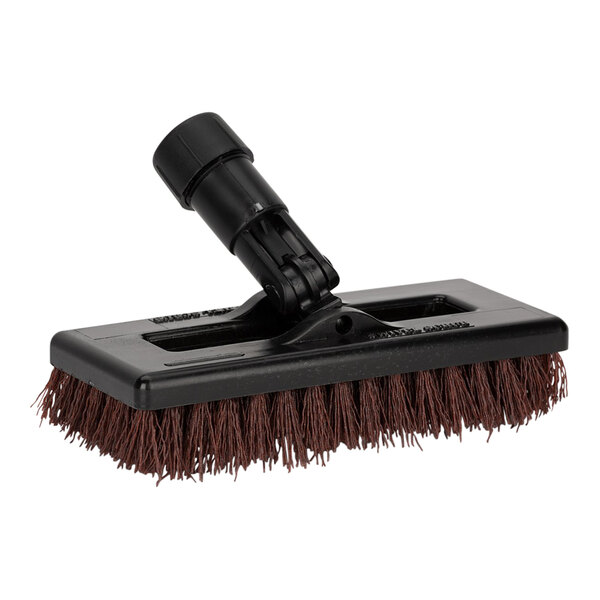 A black Carlisle Flo-Pac swivel scrub brush with brown bristles.