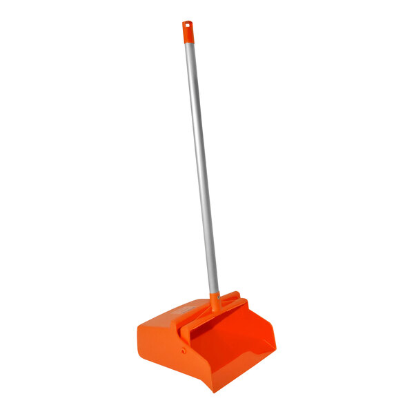 An orange dustpan with a long silver handle.