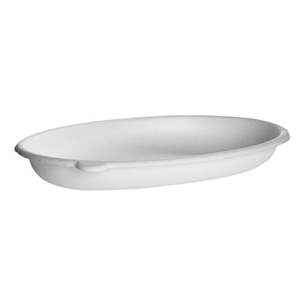 A white oval shaped bowl on a white background.