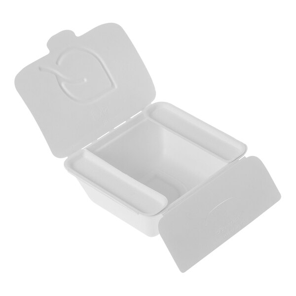 A white Eco-Products Vanguard Folia fiber lid container with an open lid.