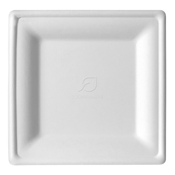A white square Eco-Products plate with a black and white logo on it.