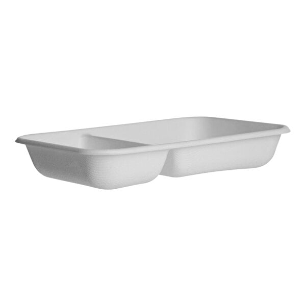 A white rectangular Eco-Products compostable container with two compartments.