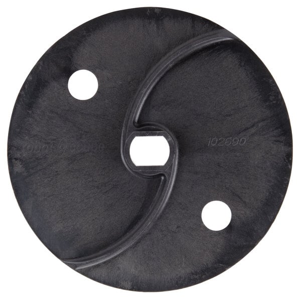 A black circular Robot Coupe discharge plate with holes in it.