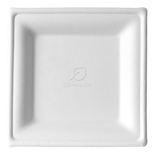 A white square Eco-Products plate with a leaf logo on it.