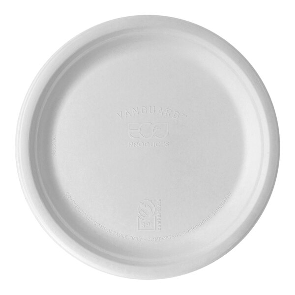 A white sugarcane Eco-Products round plate with text on it.