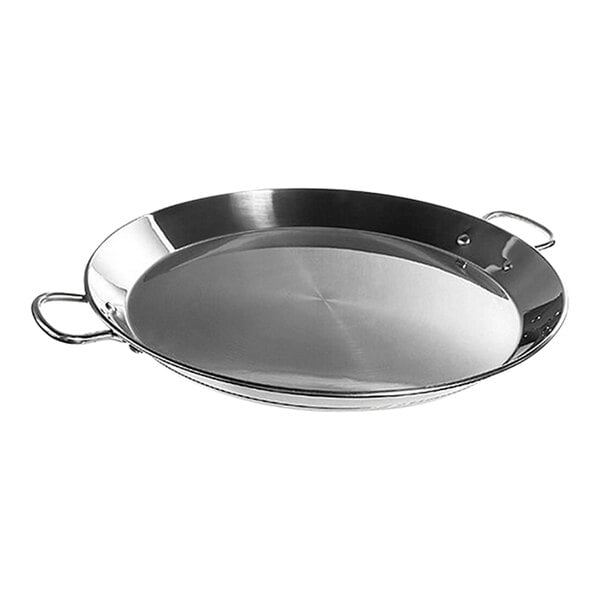 A close-up of a silver Matfer Bourgeat stainless steel paella pan with two handles.