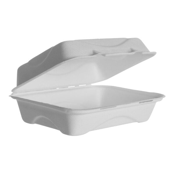 A white Eco-Products compostable clamshell container with a lid.