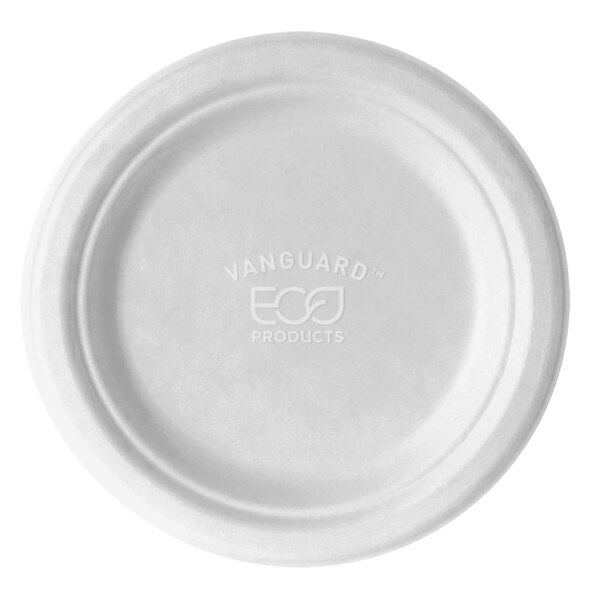 A white Eco-Products round plate with the word "Vanguard" in white text.