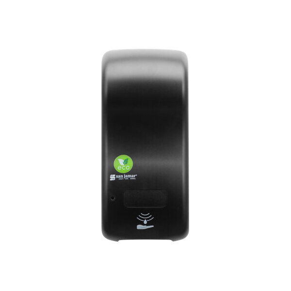 A black rectangular San Jamar Rely Hybrid touchless soap, sanitizer, and lotion dispenser with a green and white logo.