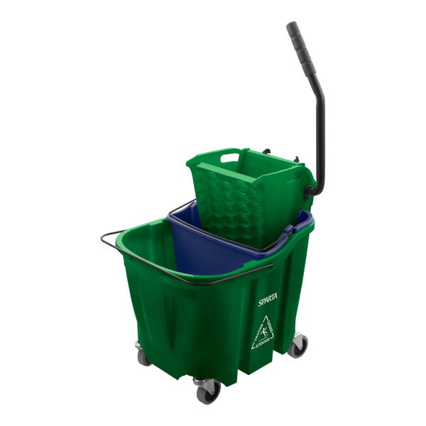 A green San Jamar mop bucket with a handle and a side press wringer.