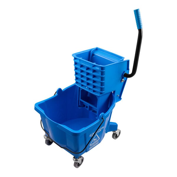 A blue San Jamar mop bucket with a black handle and wheels.