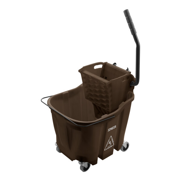 A brown plastic San Jamar mop bucket with a handle and side press wringer.