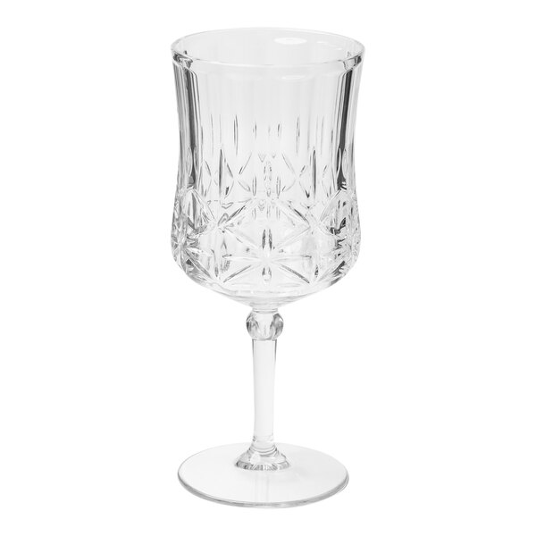 A close-up of a Sophistiplate clear plastic wine glass with a diamond pattern.