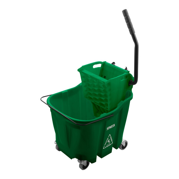 A green plastic San Jamar mop bucket with a handle.