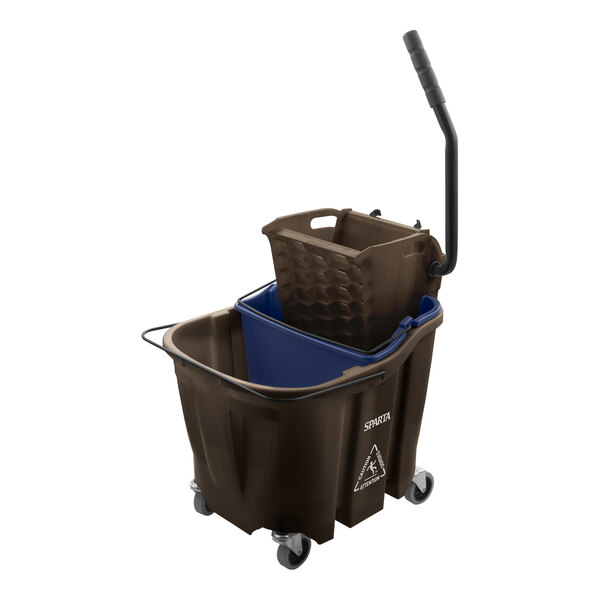 A brown San Jamar mop bucket with a handle and a blue plastic bin inside.