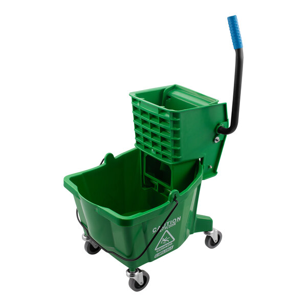A green San Jamar mop bucket with a handle.