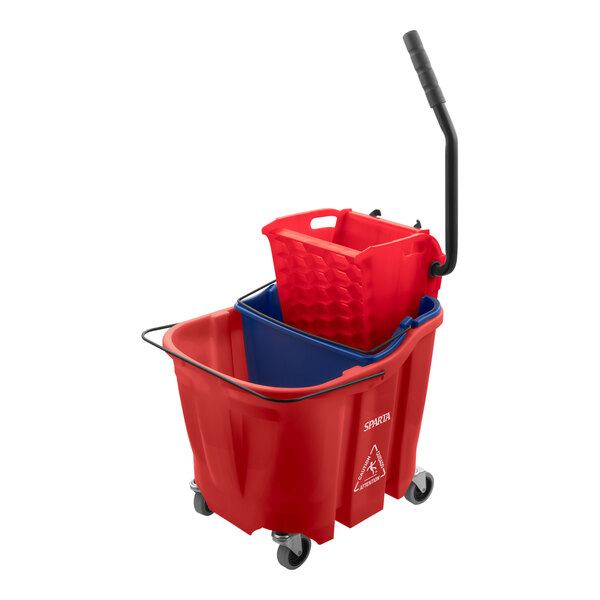 A red San Jamar mop bucket with a handle.