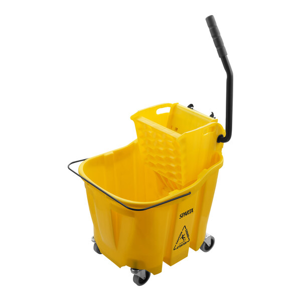 A yellow San Jamar mop bucket with a black handle and side press wringer.