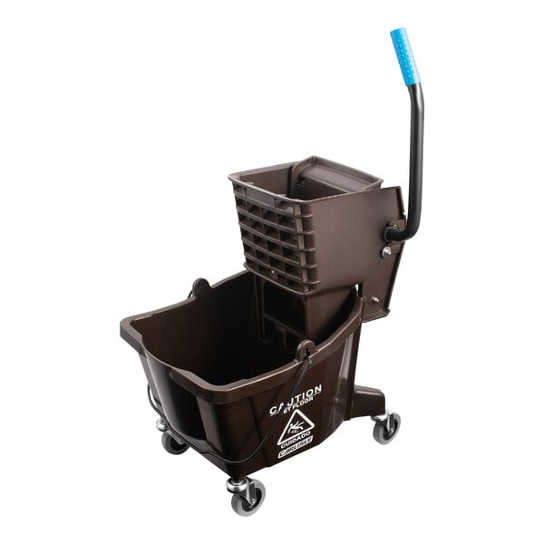 A brown plastic San Jamar mop bucket with a black handle and wheels.