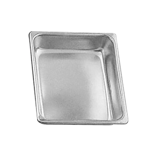 A silver square stainless steel food pan.