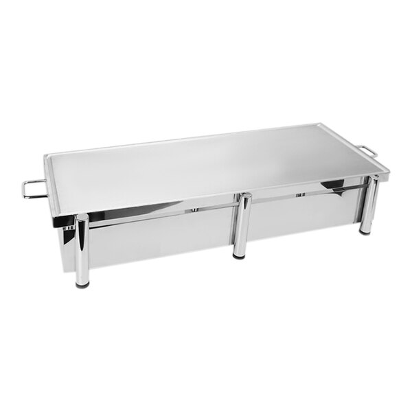An Eastern Tabletop stainless steel stand with a rectangular aluminum griddle top on a counter.