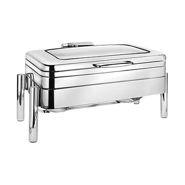 An Eastern Tabletop stainless steel rectangular chafer with a glass cover on a stand.