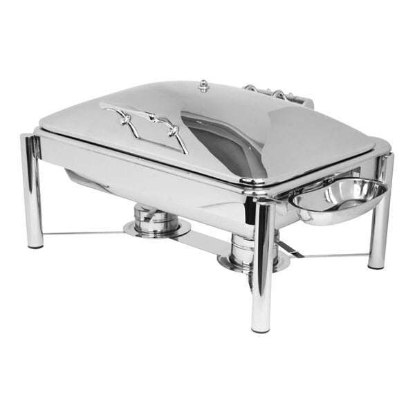 An Eastern Tabletop silver chafing dish with a stainless steel stand and lid.