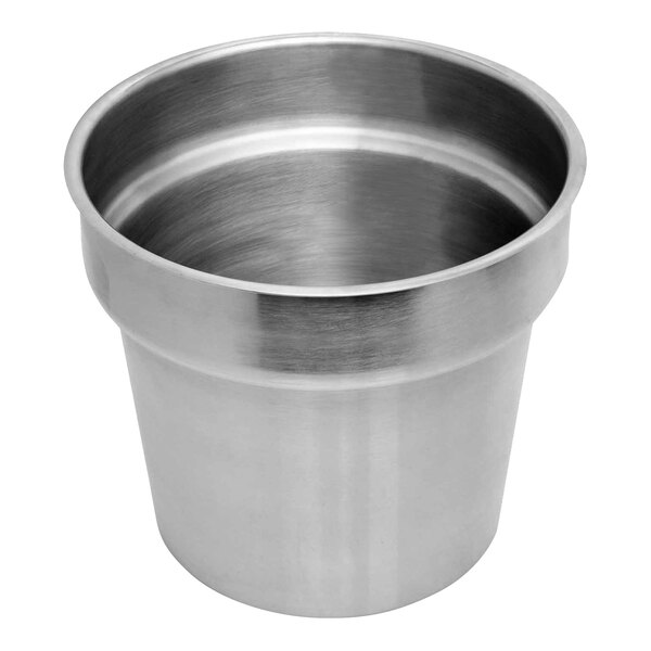 A silver metal Eastern Tabletop stainless steel inset pot with a handle.