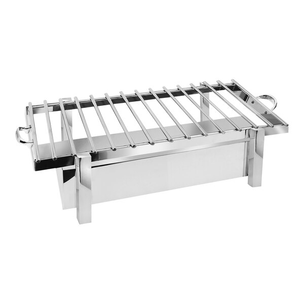 A stainless steel grill stand with a removable grill top on a white background.