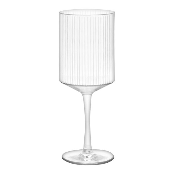 A clear plastic wine glass with a thin stem and vertical lines on the front.