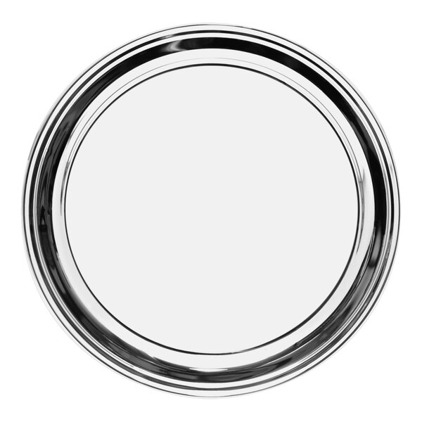 A close-up of an Eastern Tabletop stainless steel tray with a white and black rim.