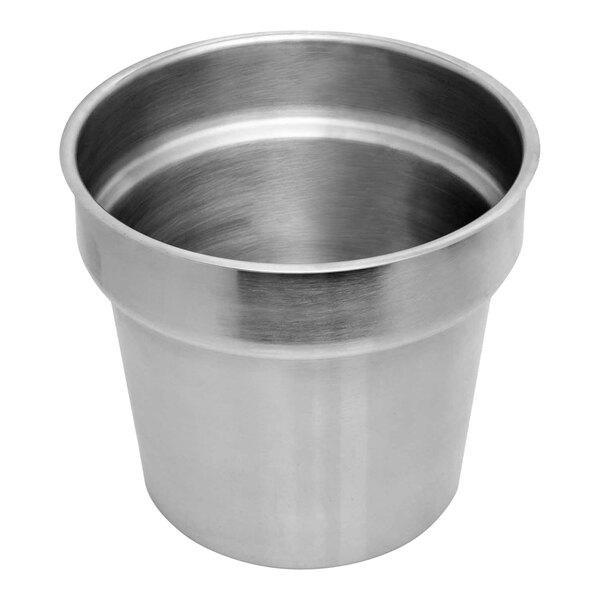 A silver metal pot with a handle.