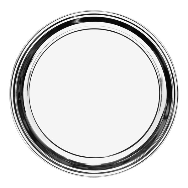 An Eastern Tabletop stainless steel round tray with a white background.