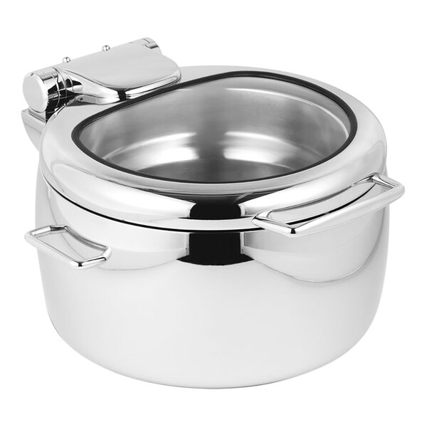 An Eastern Tabletop stainless steel round soup chafer with a glass lid.