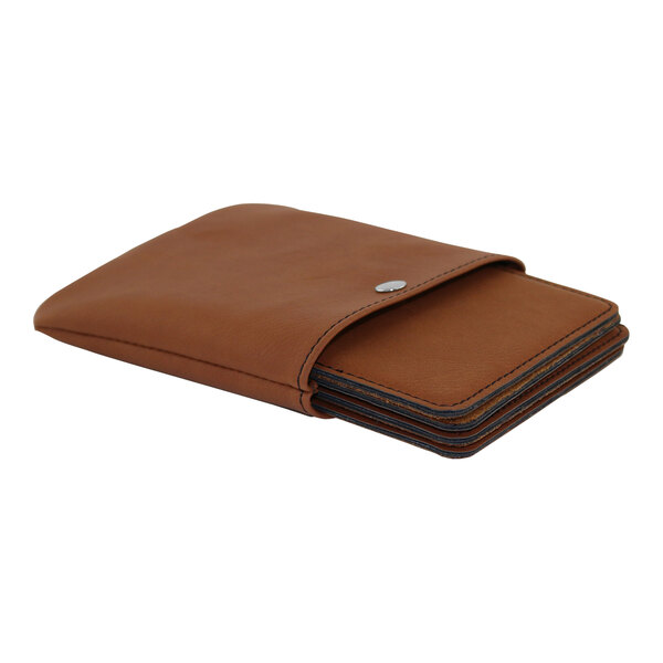 A brown leatherette square coaster set in a snap pouch.