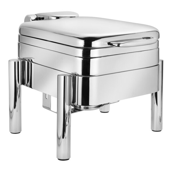 An Eastern Tabletop silver chafer on a chrome stand.