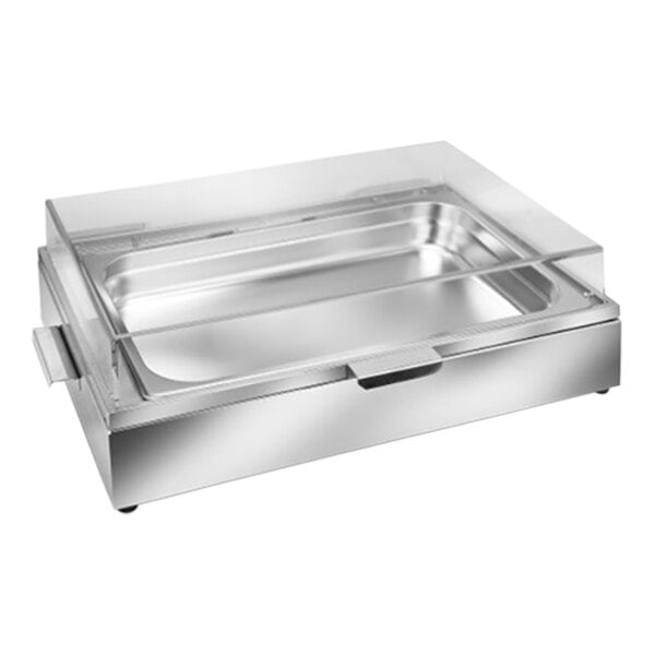 An Eastern Tabletop stainless steel rectangular tray with a clear lid.