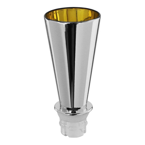 A silver cone shaped cup with a lid.